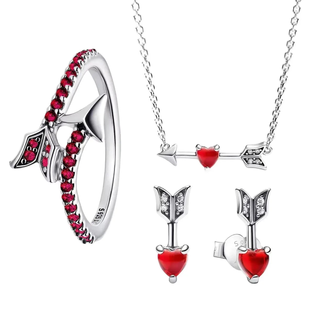 925 Silver Heart Arrow Jewelry Set with Colorful Zircon Sparkling Ring Earrings and Necklace Valentines Day Gift for Women