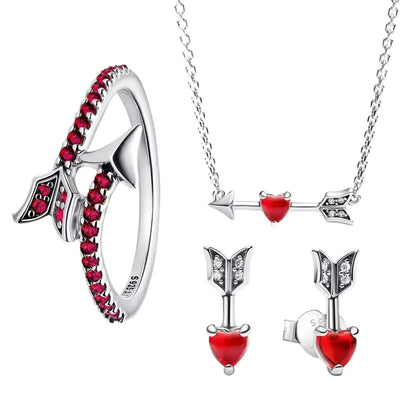925 Silver Heart Arrow Jewelry Set with Colorful Zircon Sparkling Ring Earrings and Necklace Valentines Day Gift for Women