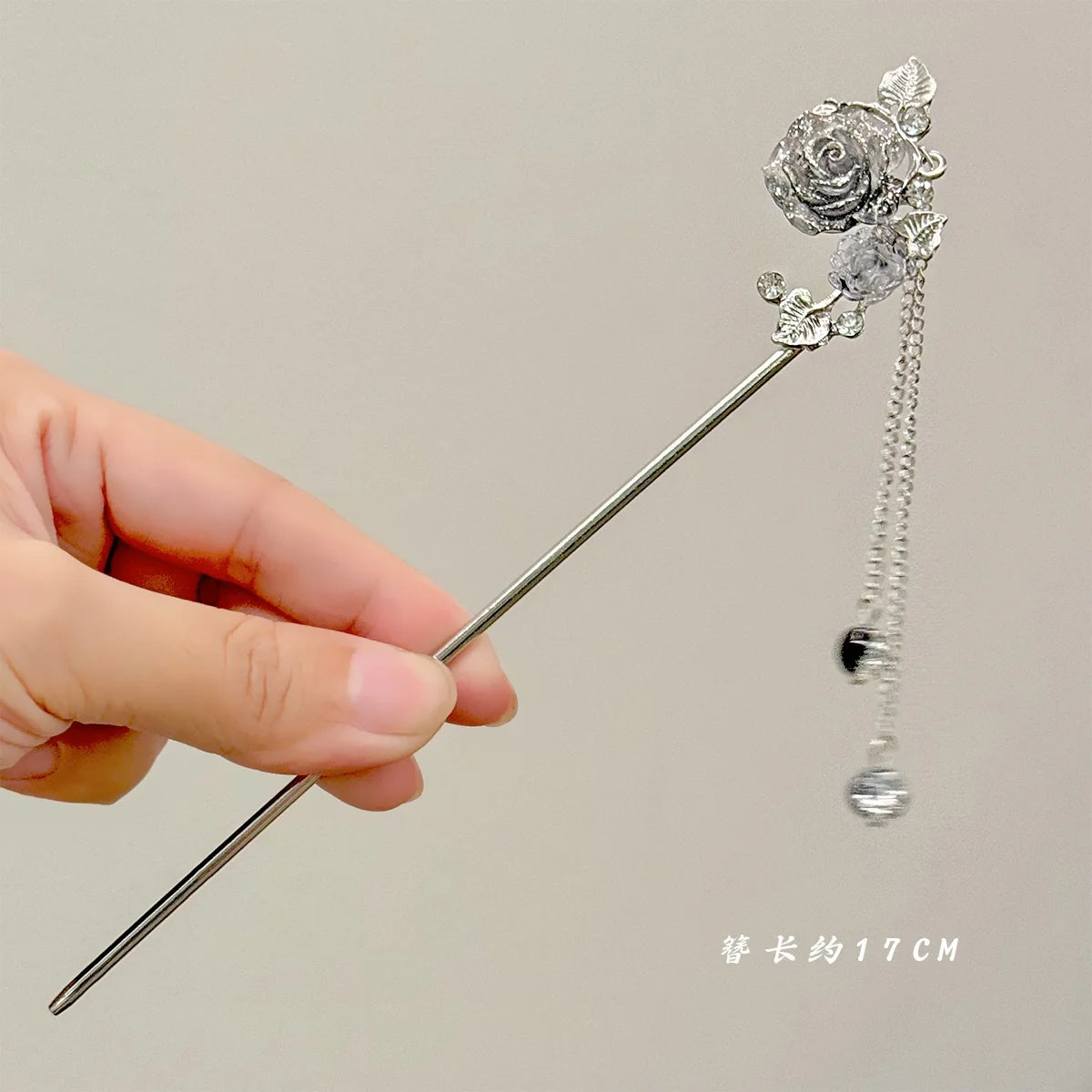 Elegant Ink Flower Tassel Hairpin Forks for Women - Modern Hanfu Hair Jewelry with Black Beads Fringe