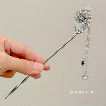 Elegant Ink Flower Tassel Hairpin Forks for Women - Modern Hanfu Hair Jewelry with Black Beads Fringe