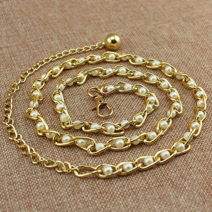 Women Pearl Thin Metal Waist Chain Belt Versatile Fashion