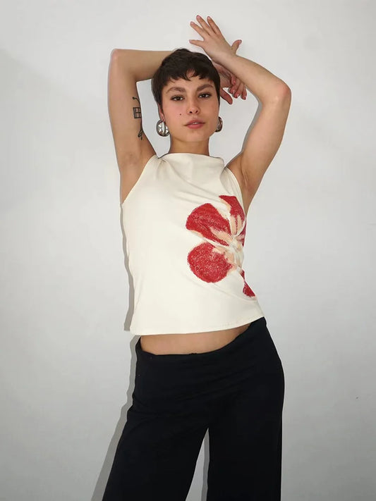2025 Women Fitted Floral Crop Tank Boat Neck Summer Top