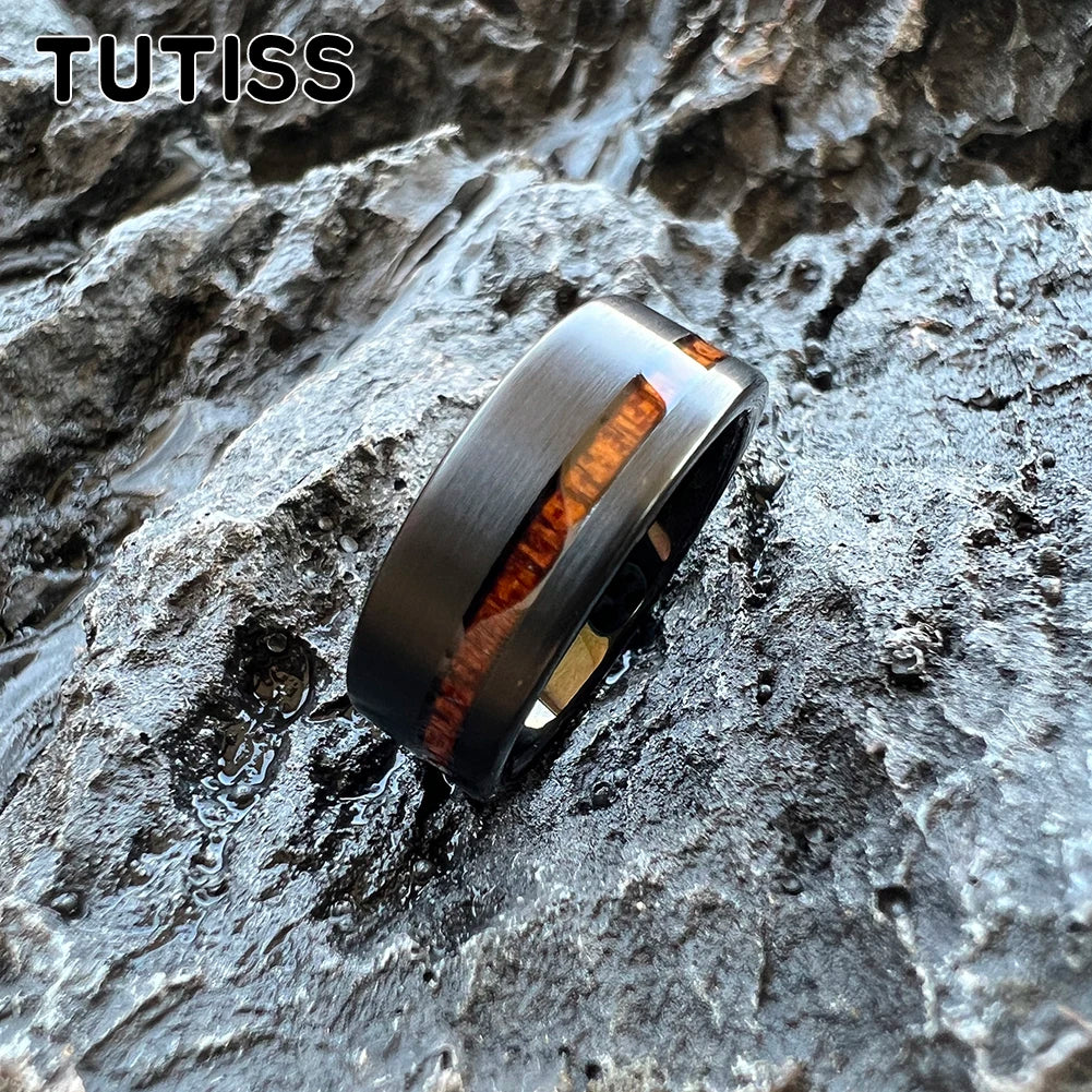 TUTISS Tungsten Couple Ring with Real Wood Inlay and Comfort Fit Wedding Band
