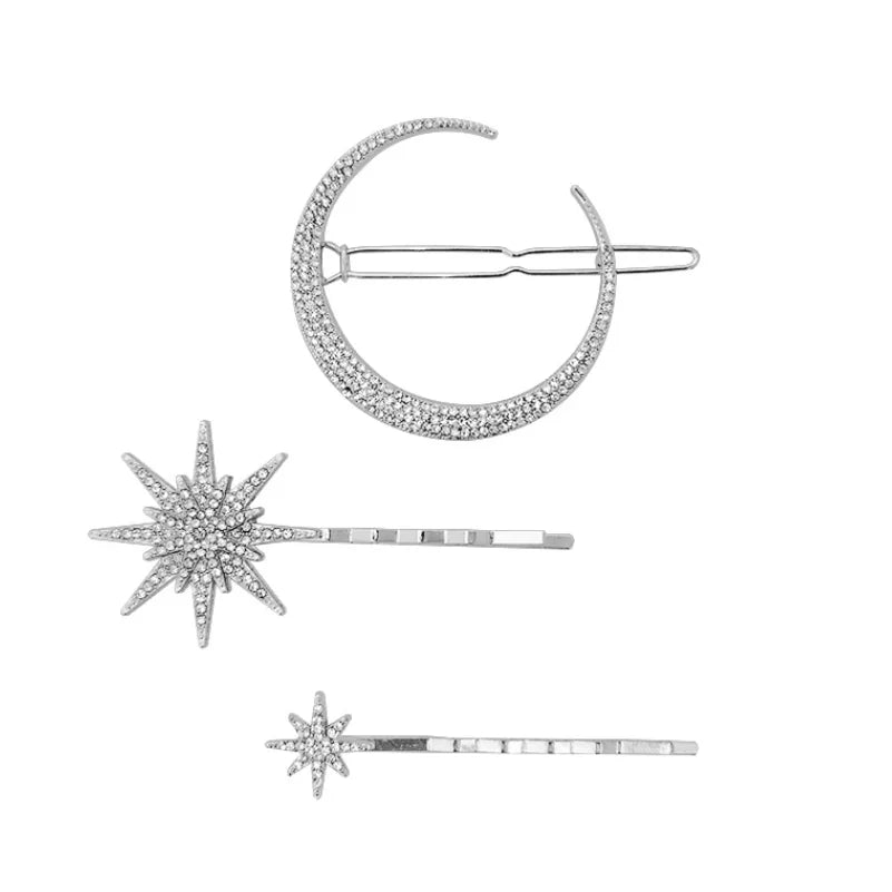 Starry Glam Hair Clip Set - Crystal Side Pins with Rhinestones Silver Set
