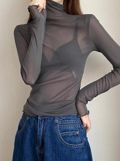 Sexy Black Mesh Long Sleeve Punk Top For Women Summer