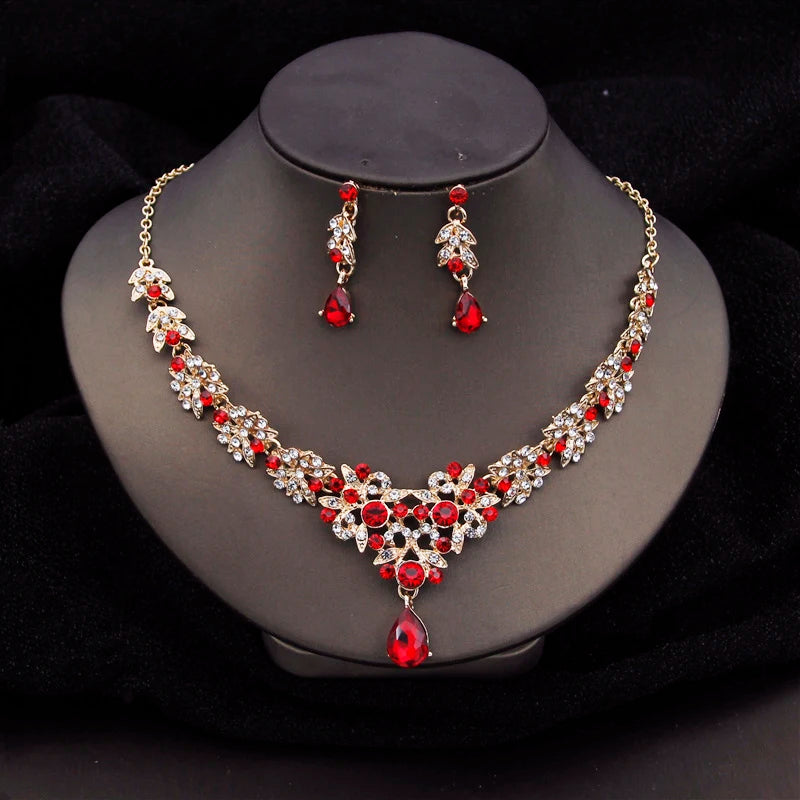 Water Drop Crystal Luxury Bridal Jewelry Set - Top-Rated Choker Necklace & Earrings for Weddings Red