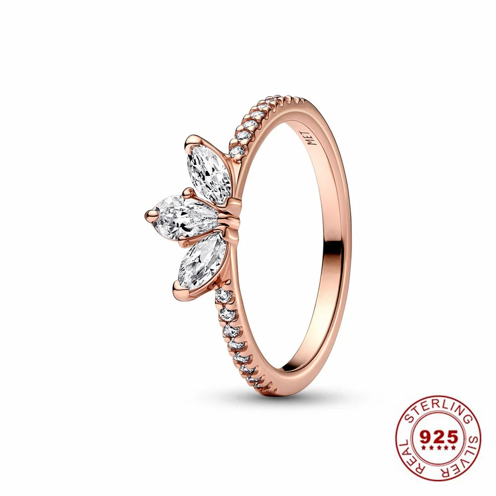 Hot Sale Original 925 Sterling Silver Tiara Heart Sparkling Wedding Ring Rose Gold Women Sun and Moon Crystals Jewelry PAR293
