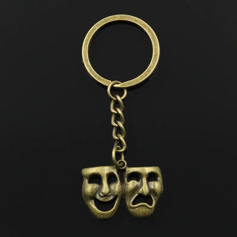 Fashion Metal Keychain with Comedy Tragedy Masks Pendant 30mm bronze