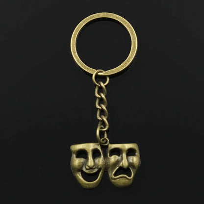 Fashion Metal Keychain with Comedy Tragedy Masks Pendant 30mm bronze