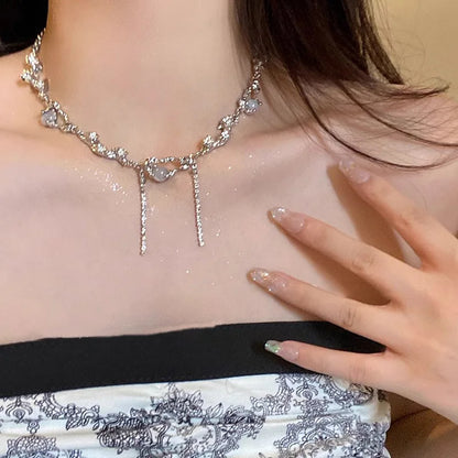 Y2K Moonstone Necklace with Star Tassels Pendant Zircon Chain for Women Girls Trendy Party Jewelry Gift
