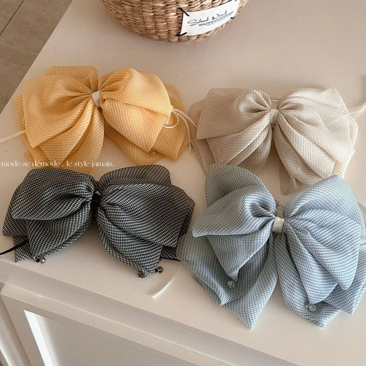 Girls Big Bow Hair Clips Barrettes Pearls Knotted Plaid