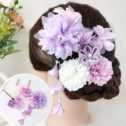 Japanese Handmade Fabric Flower Kimono Hairpin with Tassel for Weddings and Festivals