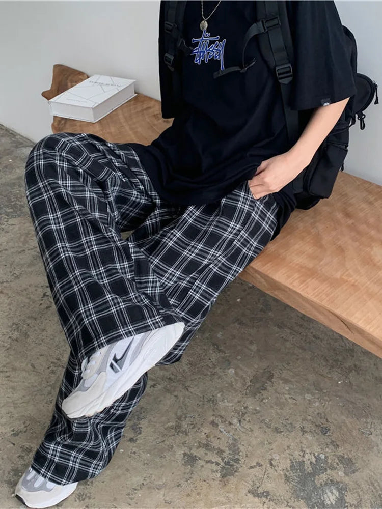 Black Plaid Wide Leg Pants Women Casual Harajuku Streetwear