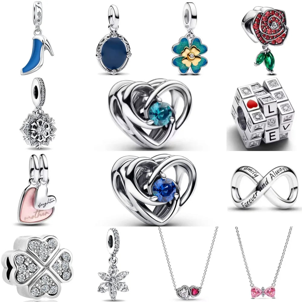 European 925 Sterling Silver Clover Pendant with Pink Zircon for Mother and Daughter DIY Charm Bead Jewelry