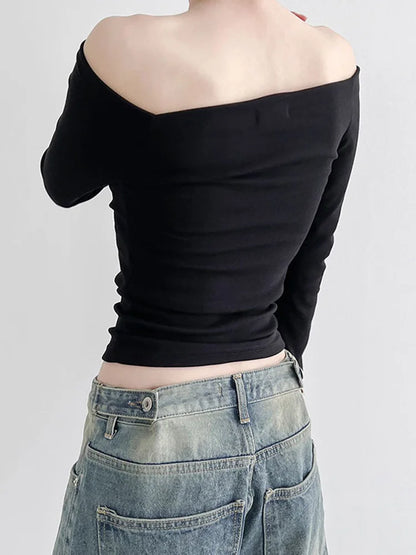 Korean Black Slash Neck Slim Cropped Long Sleeve Top