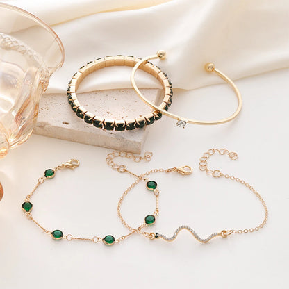 4-Piece Retro Green Diamond Bracelet Set - Versatile Fashion Accessory H477