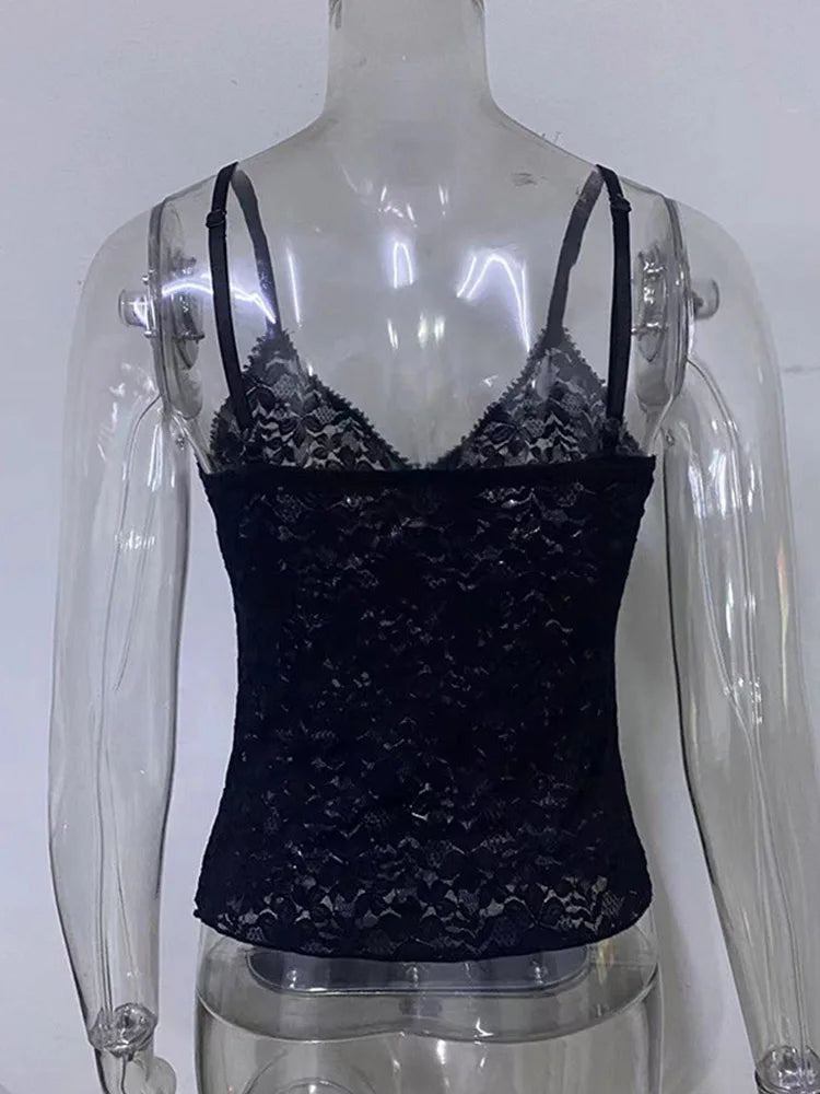 Black Lace Cami Crop Top For Women See Through V Neck Y2K