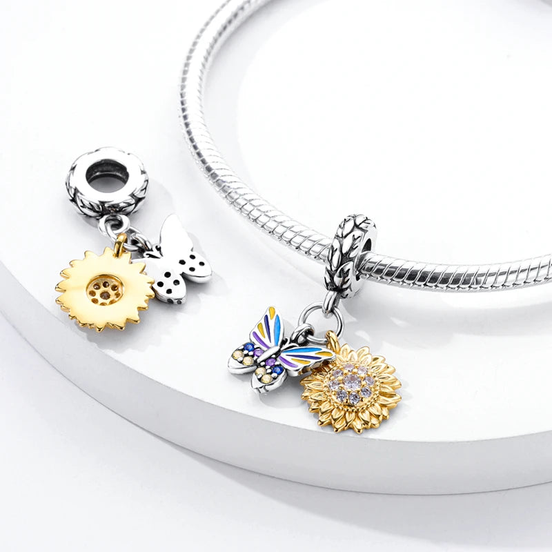 Sterling Silver Heart Sunflower Charm Pendant For Bracelet