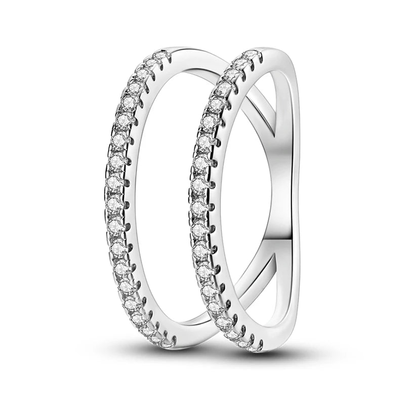 Women's Classic Geometric 925 Sterling Silver Ring with Overlapping Zircon KJR179