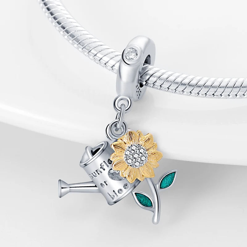 Sterling Silver Heart Sunflower Charm Pendant For Bracelet