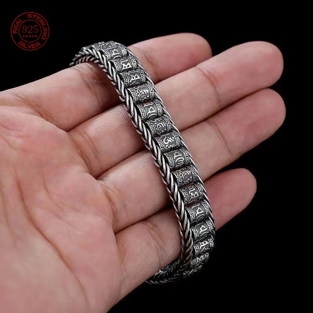Vintage Silver Six-Character Mantra Bracelet for Men and Women