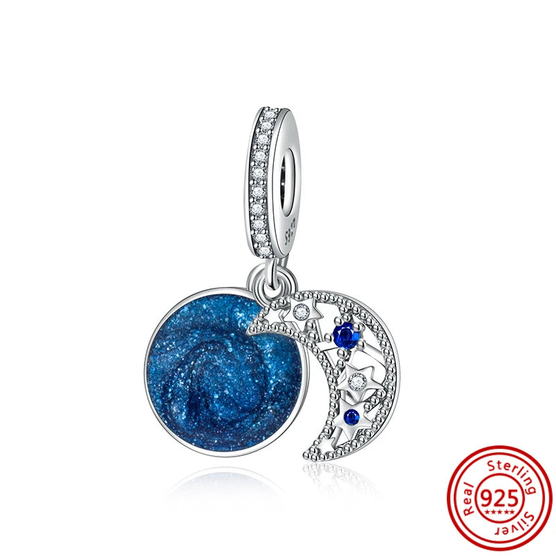 925 Sterling Silver Blue Zircon Feather Crown Stars Moon Charm Beads for Bracelet N269 3mm-4mm