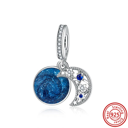 Sterling Silver Blue Zircon Feather Crown Moon Pendant Charm Bracelet Beads N614 3mm-4mm