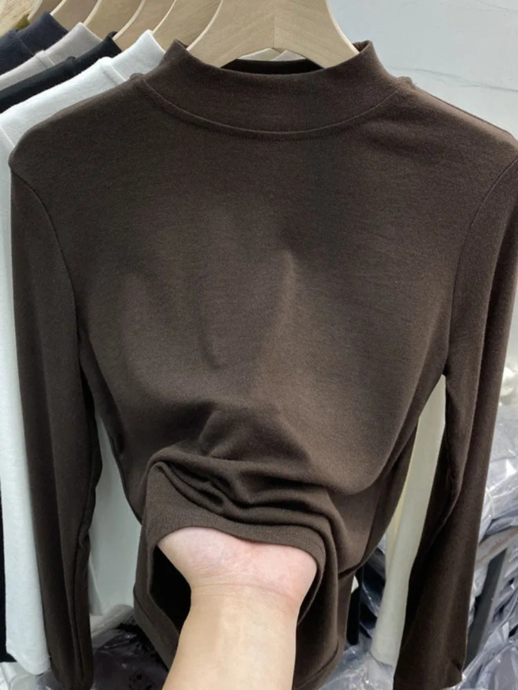 White Cotton Slim Fit Long Sleeve Half Turtleneck Women