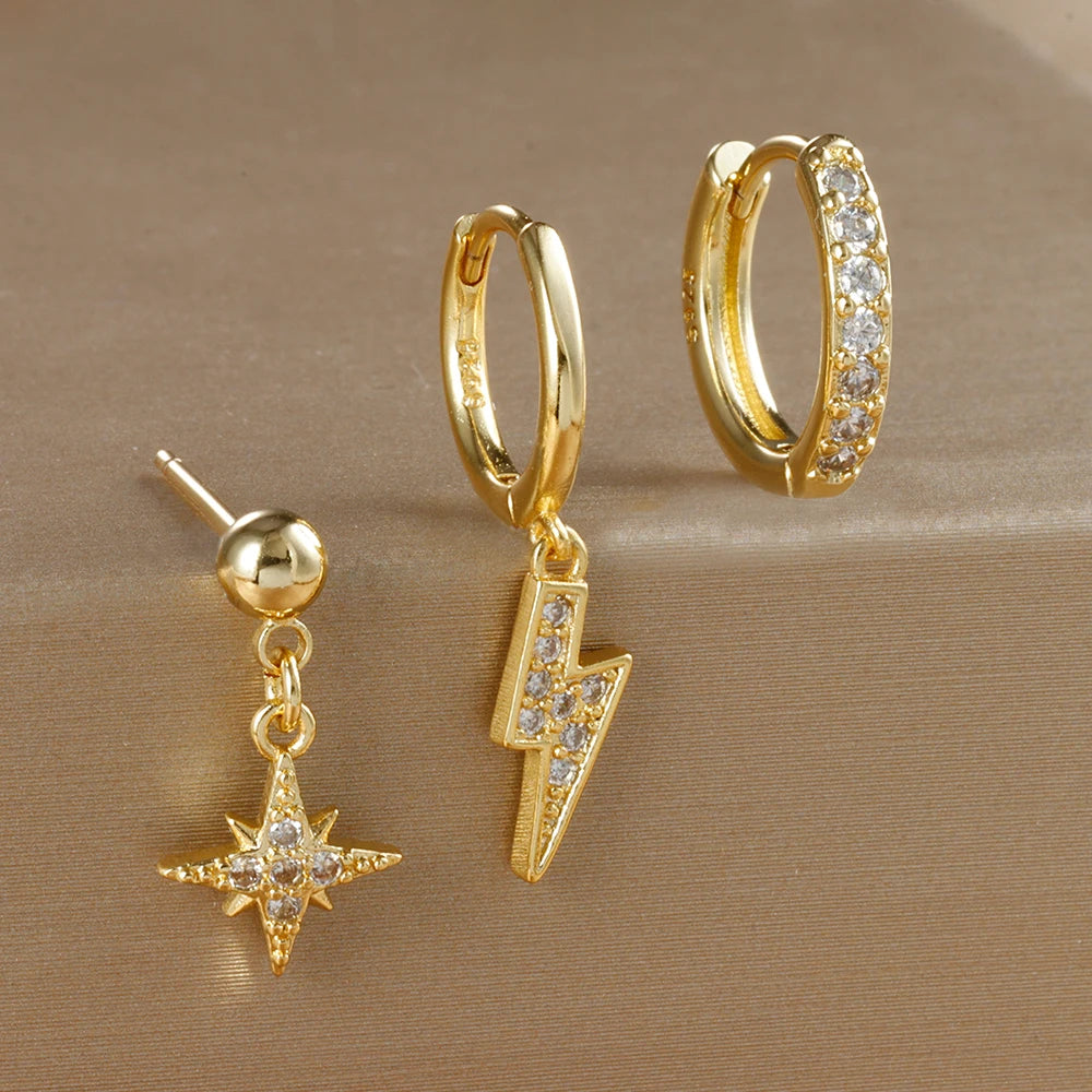 3PCS Luxury Star Pendant Earrings Set for Women Stainless Steel and Cubic Zirconia Punk Ear Studs Fashion Jewelry