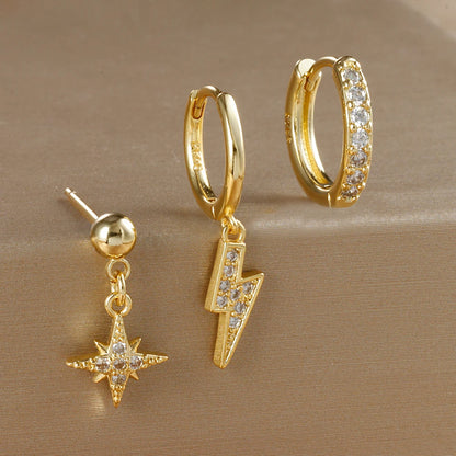 3PCS Luxury Star Pendant Earrings Set for Women Stainless Steel and Cubic Zirconia Punk Ear Studs Fashion Jewelry