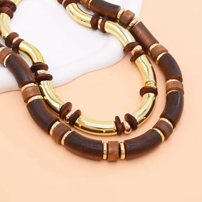 Vintage Brown Wood Multi Layer Necklace And Bracelet Set For Women Gold Plated Fashion Jewelry Gift For Parties