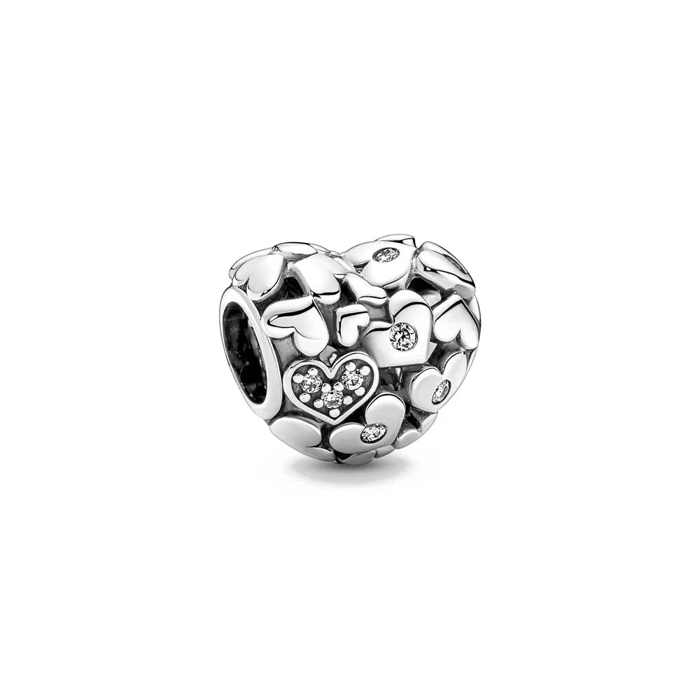 925 Silver Heart-Shaped Beads with Lotus and Bird Pendant for European Bracelet DIY Exquisite Jewelry