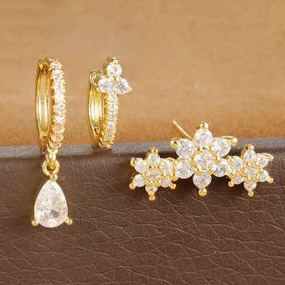 Elegant Zircon Water Drop Earrings Set for Women Stainless Steel Floral Hoops
