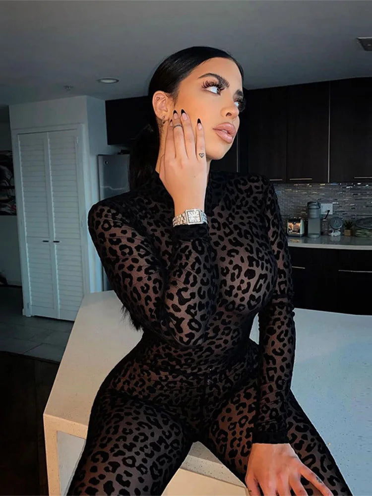 Leopard Mesh Bodystocking Jumpsuit See Through Velour