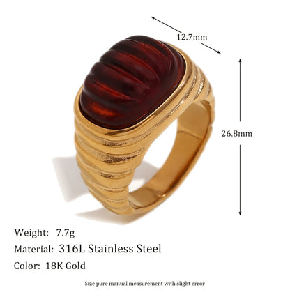 Elegant Square Acrylic Cabochon Ring with Tarnish-Free Stainless Steel and 18K Gold Plating for Fashionable Women