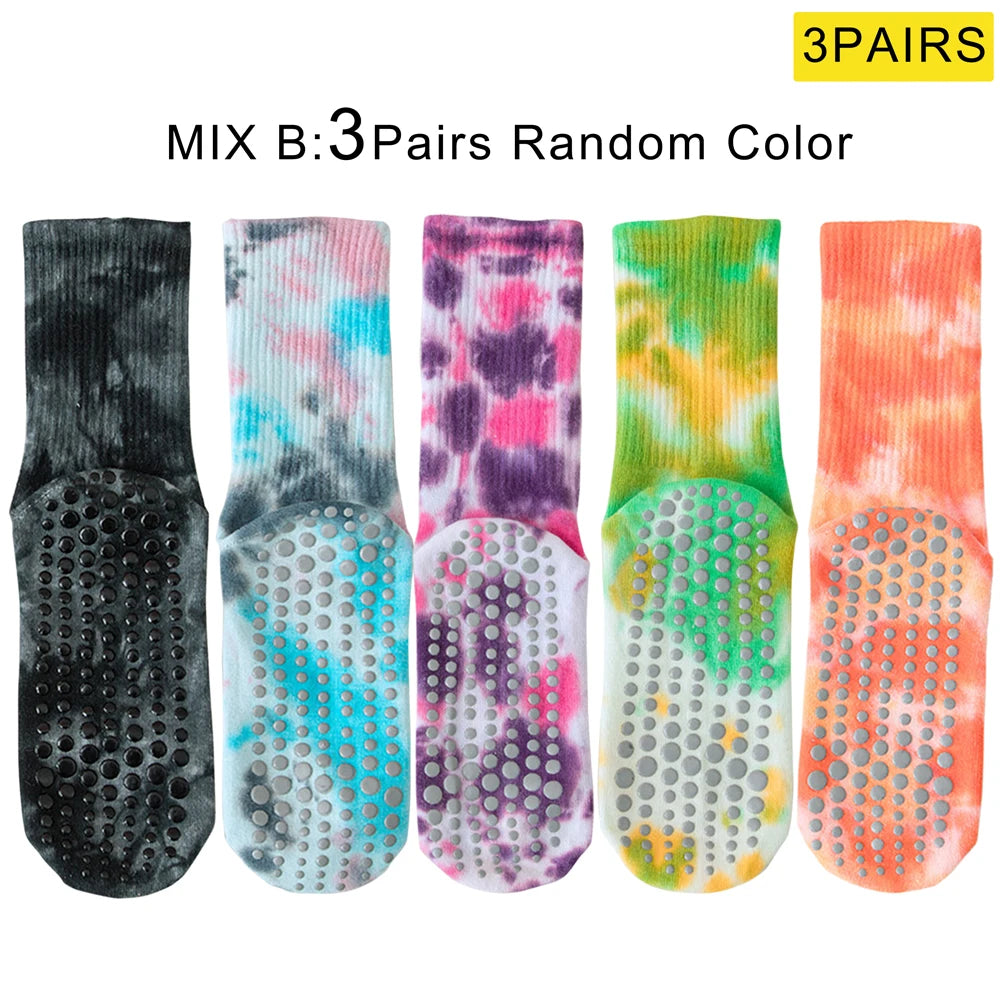Tie Dye Yoga Socks 3 Pairs Anti Skid Cotton Blend Mid Calf