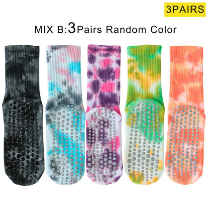 Tie Dye Yoga Socks 3 Pairs Anti Skid Cotton Blend Mid Calf