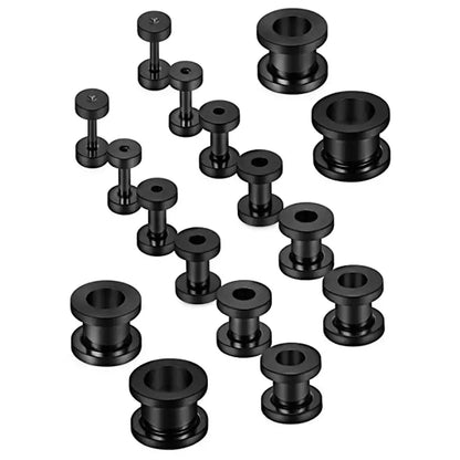 Screw Fit Ear Gauges Surgical Steel Tunnel Expander Earrings Set Black