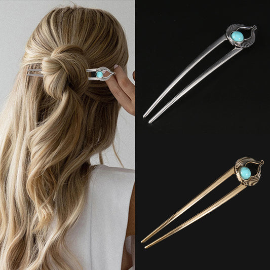 Elegant Turquoise Enamel Shell Hairpin for Women Luxury Metal U Shape Hair Stick