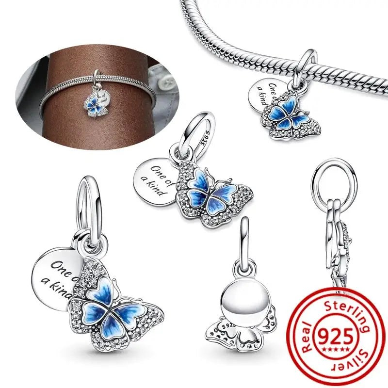 Sterling Silver Blue Zircon Feather Crown Moon Pendant Charm Bracelet Beads Y456 3mm-4mm
