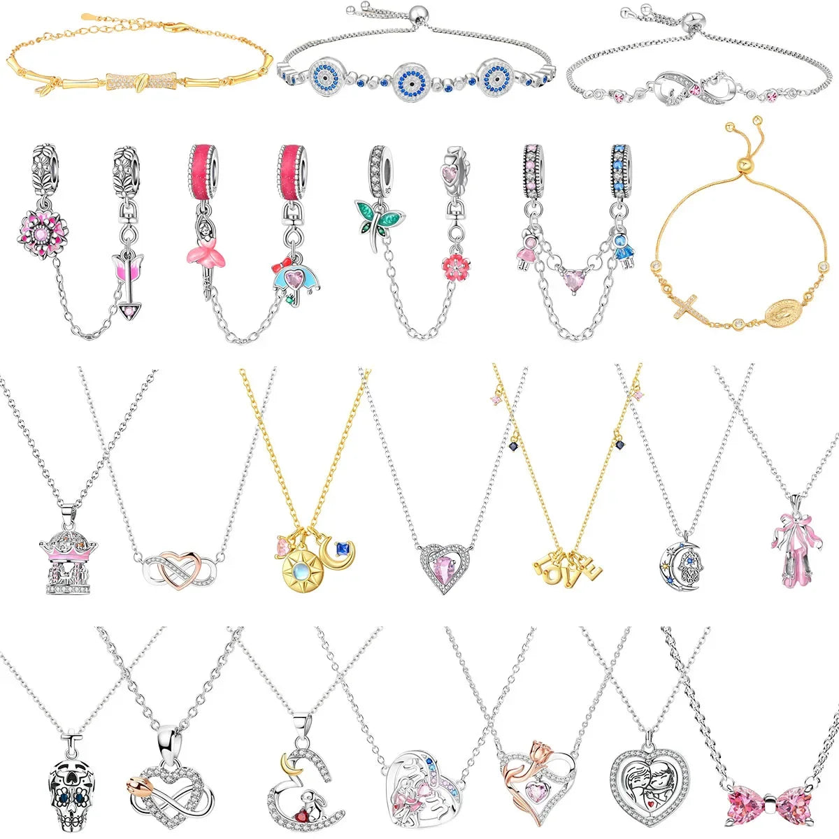 Original 925 Sterling Silver Heart Skull Necklace Ring and Cross Bracelet Set with Zircon Accents for Halloween and Valentine Gifts