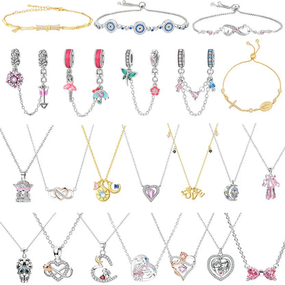 Original 925 Sterling Silver Heart Skull Necklace Ring and Cross Bracelet Set with Zircon Accents for Halloween and Valentine Gifts