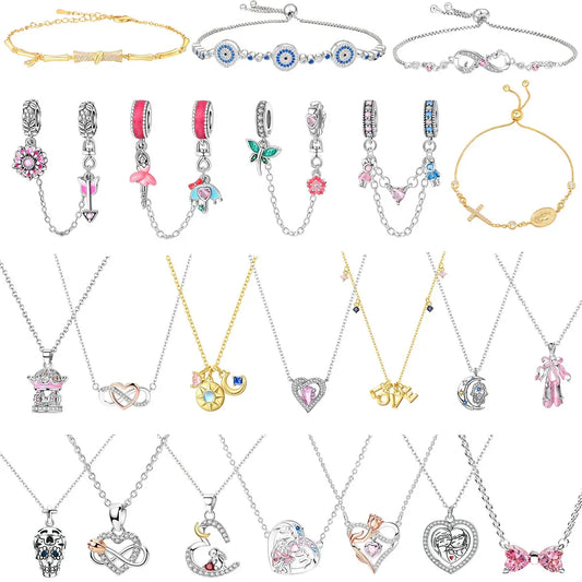 Original 925 Sterling Silver Heart Skull Necklace Ring and Cross Bracelet Set with Zircon Accents for Halloween and Valentine Gifts