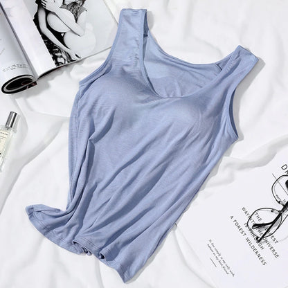 2023 Women’s Slim Fit Vest Tops with Built-In Bra Padded Neck Tank Casual Solid Color Shirts