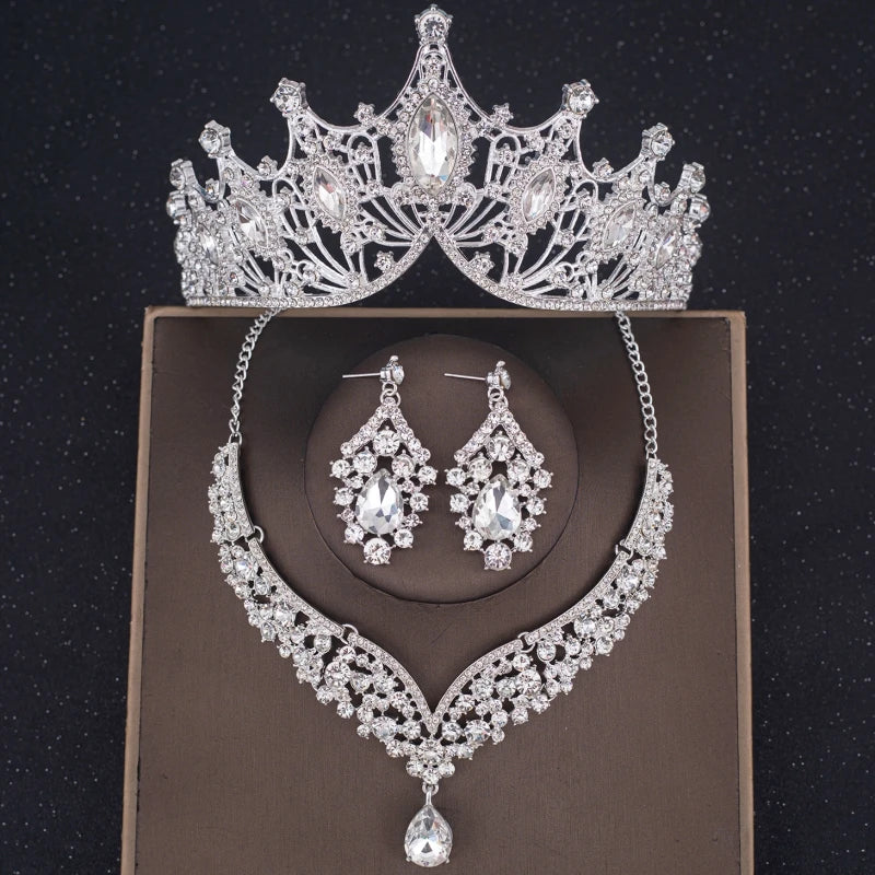 Crystal Crown Bridal Jewelry Set - 3Pcs Rhinestone Necklace & Earring Accessories