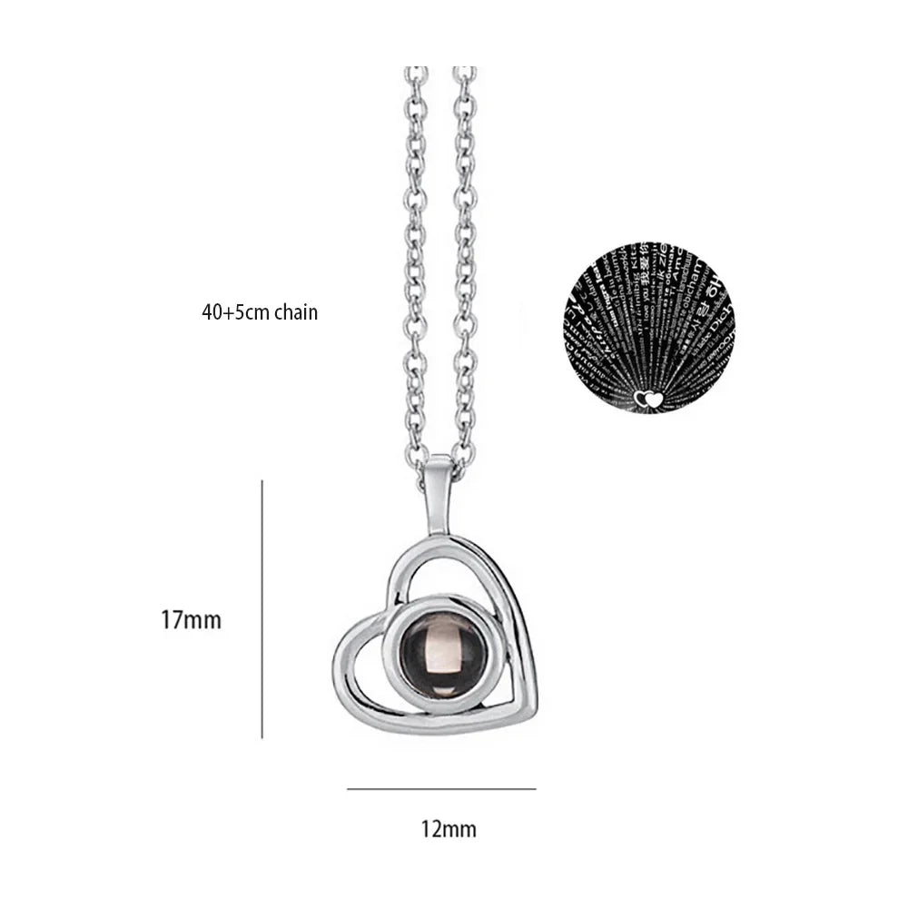 100 Languages I Love You Heart Pendant Necklace Romantic Projection Jewelry Gift for Women Small Heart Slanting 40cm plus 5cm