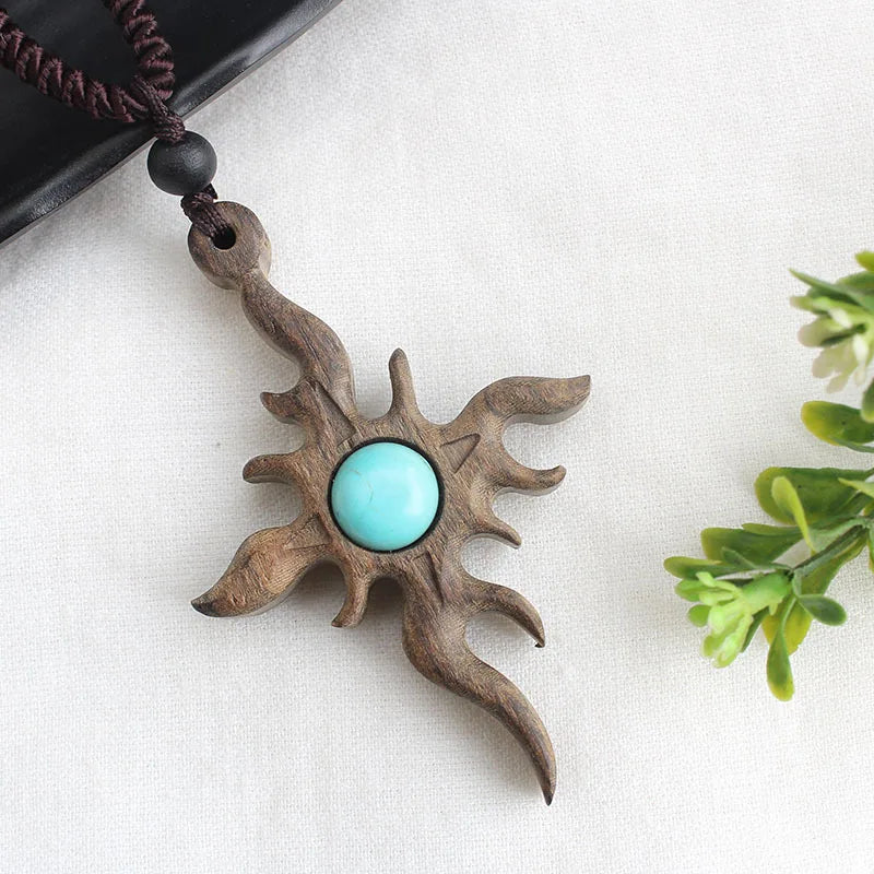 Vintage Long Sweater Chain Necklace for Women with Handmade Sandalwood Pendants in Ethnic Style