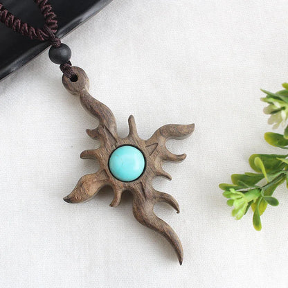Vintage Long Sweater Chain Necklace for Women with Handmade Sandalwood Pendants in Ethnic Style