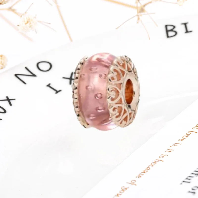 Rose Gold Winged Angel Heart Charm Bead Pink Daisy Spacer