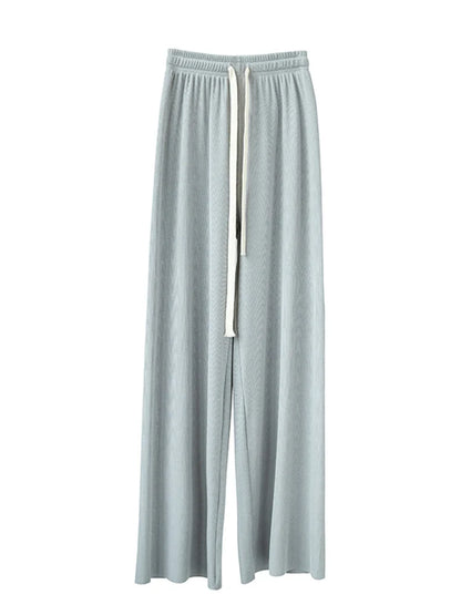 Summer Lace Up Wide Leg High Waist Pants for Women Ice Silk